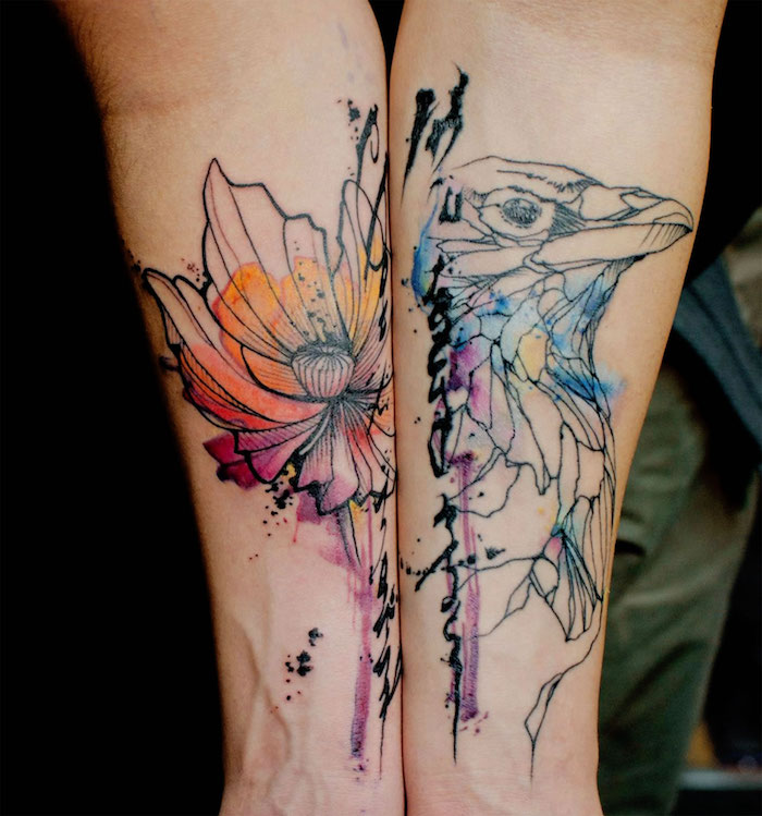flower and bird, watercolour tattoos, arm tattoos for men, forearm tattoos