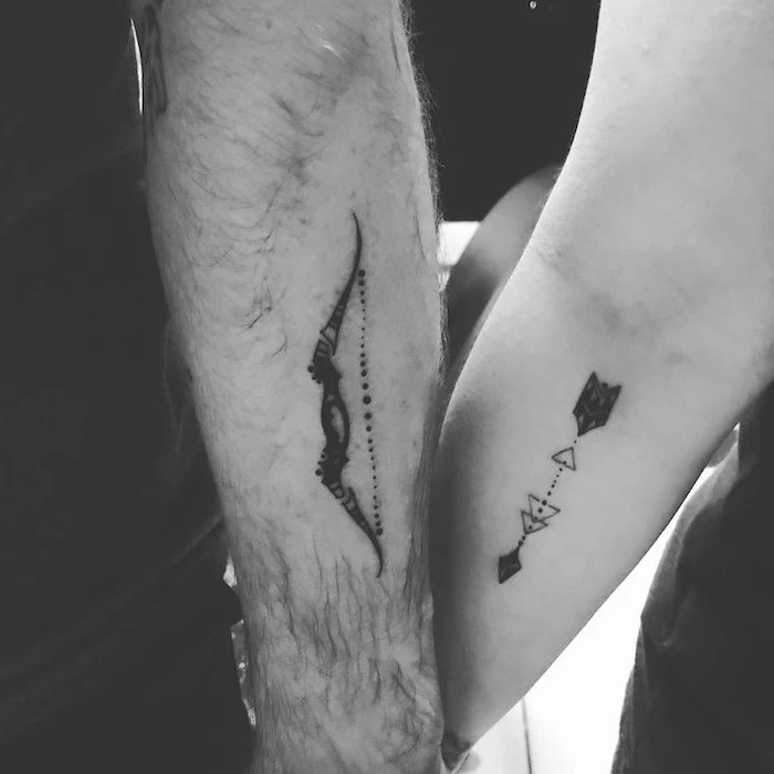 bow and arrow, forearm tattoos, relationship tattoos, black and white photo