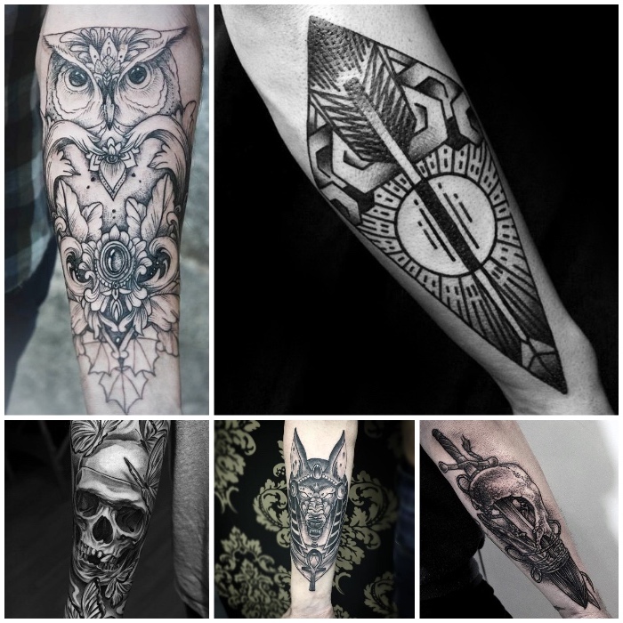 side by side photos, small tattoos for men, skulls and owl, geometrical forearm tattoos
