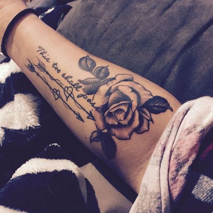 this too shall pass, large rose, forearm tattoo, arm tattoos for women, arrows and hearts