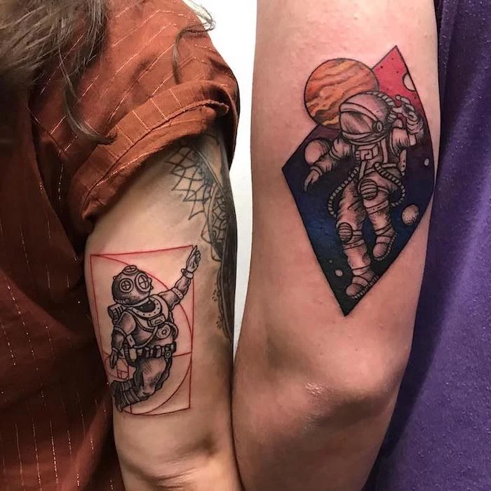 astronauts in space, matching couple tattoos, coloured back of arm tattoos