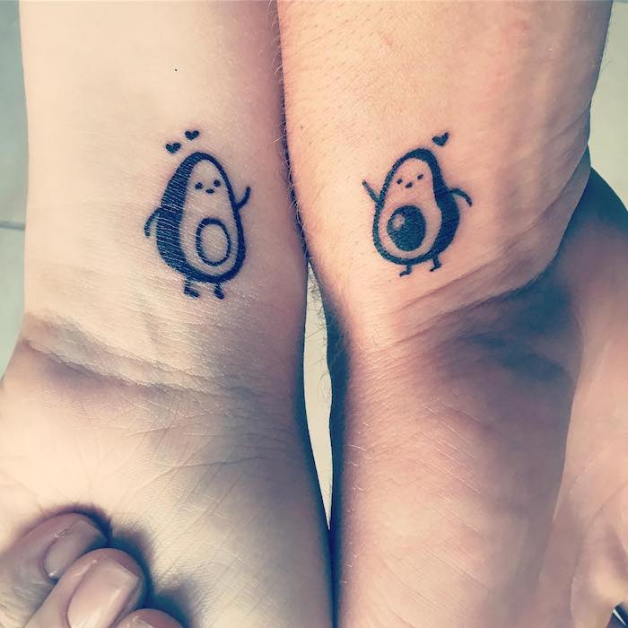 relationship tattoos, avocado sliced in half, wrist tattoos