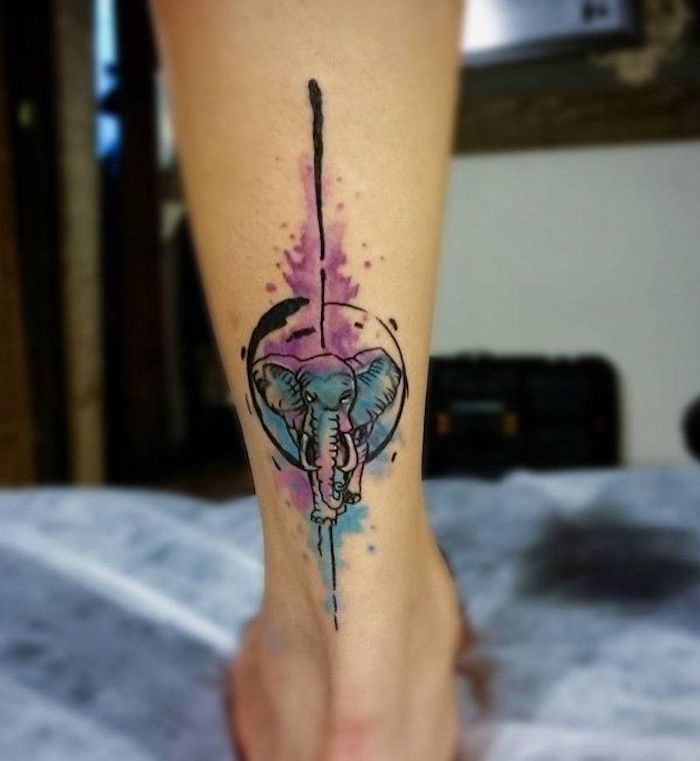 watercolour elephant, arm tattoos for women, back of the leg tattoo