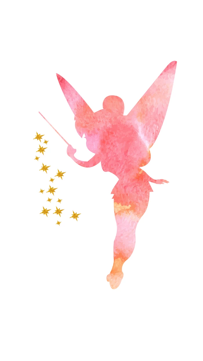 tinkerbell character, from peter pan, cute wallpapers for girls, pink outline, on a white background