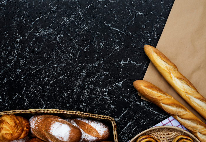 wallpaper tumblr, two baguettes, bread baskets, black and white, marble countertop
