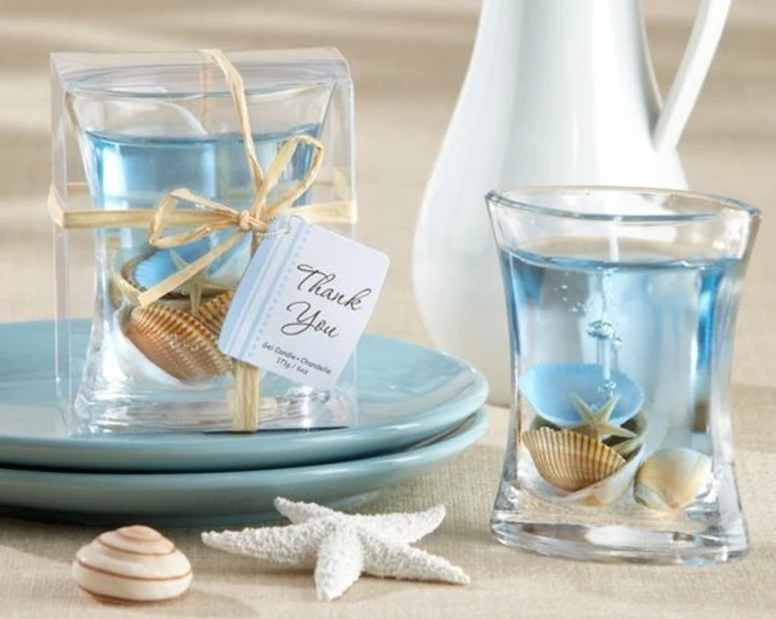 how to make scented candles, beach candles, as favors, on blue plates, seashells inside