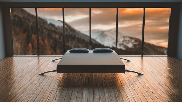 bedroom ideas for women, minimalist style, large windows, wooden floor, bed in the middle