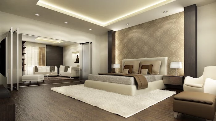 wooden floor, bedroom ideas for women, white carpet, white leather bed frame, led lights