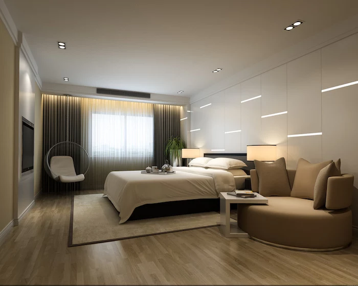 white walls, led lights, beige leather sofa, white hanging armchair, master bedroom ideas, wooden floor