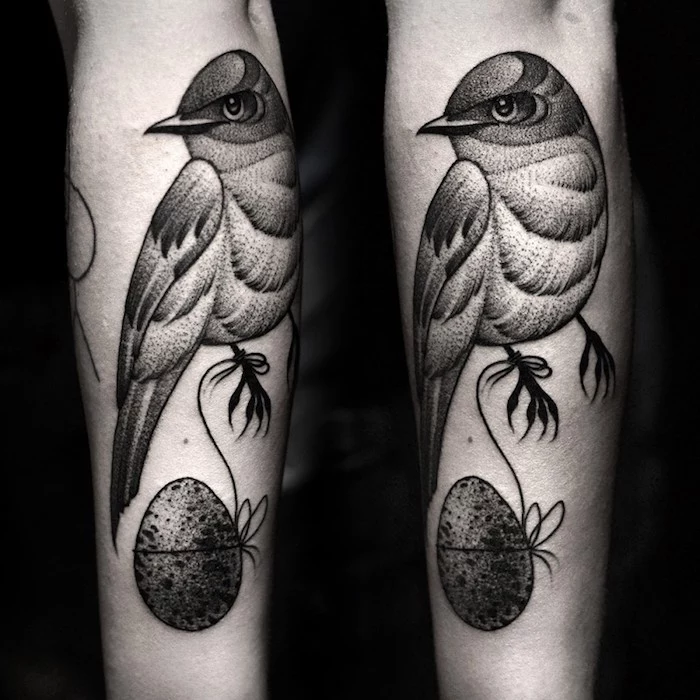 bird tied to an egg, forearm tattoos for men, black background, side by side photos