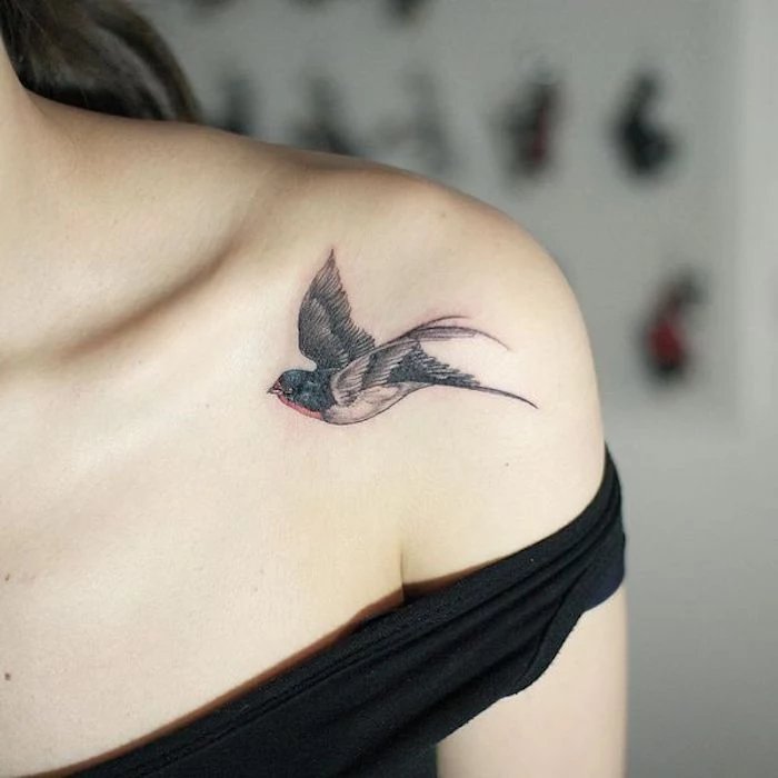 tattoos for women, bird flying, shoulder tattoo, black top