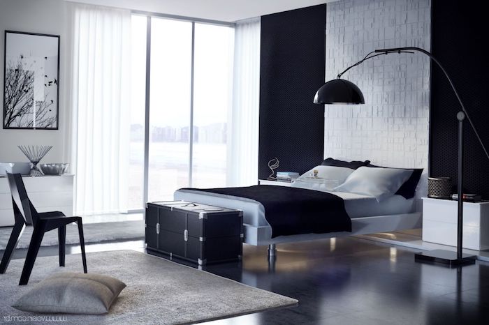 black accent wall, stone tiled accent wall, wooden floor, how to decorate your room, black chair