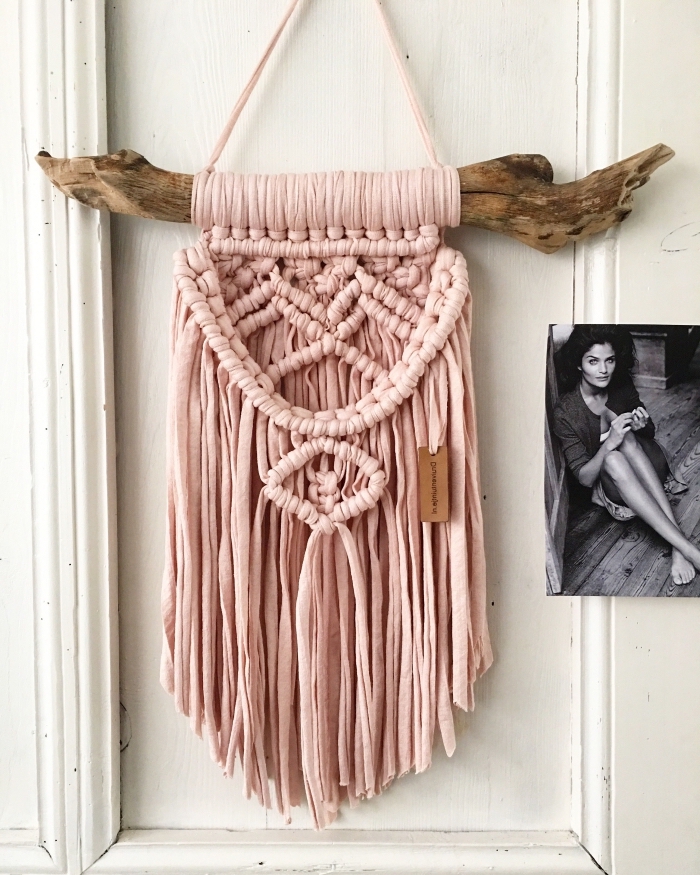 pink macrame, white wall, black and white photo of a woman, macrame wall hanging patterns