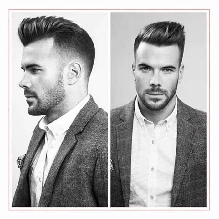 side by side photos, types of haircuts for men, white shirt, grey jacket