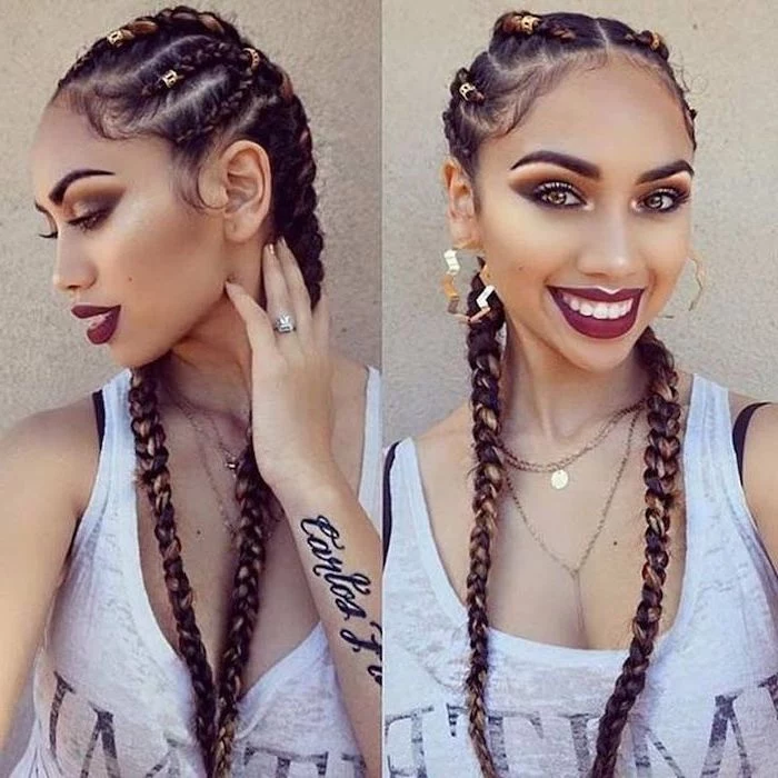 side by side photos, cornrows to the side, brown hair with beads, woman wearing a white top