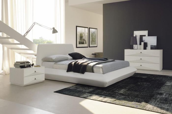 black wall, white staircase, how to decorate your room, black carpet, white leather bed frame