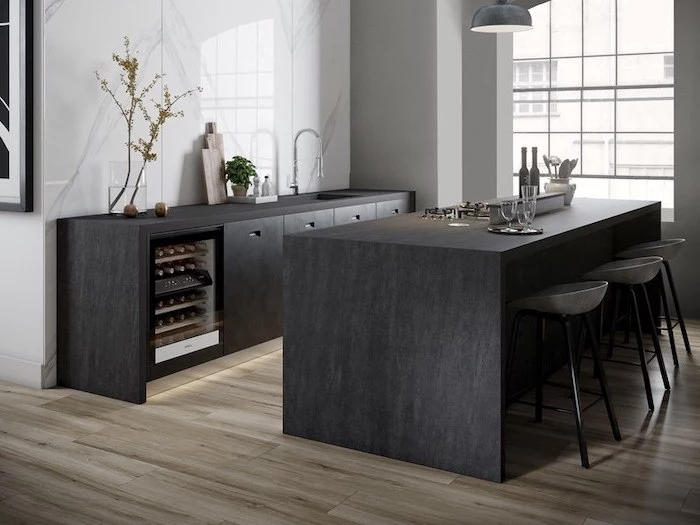 wooden floor, black kitchen island, kitchen island ideas, marble backsplash, grey bar stools