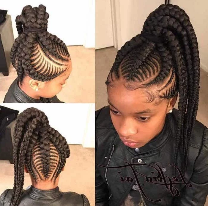 kids hairstyles, female cornrow styles, girl with black hair, in a ponytail