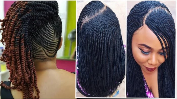 ghana braids styles, black hair, side by side photos, of different hairstyles