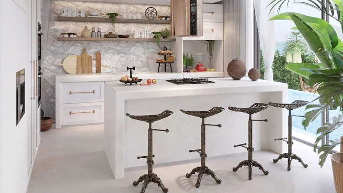 black metal, vintage bar stools, kitchen island with sink, white cabinets and drawers, stones backsplash