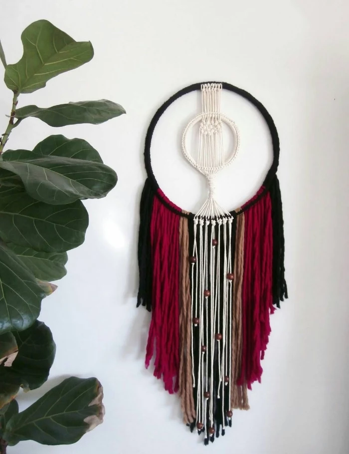black and red, brown and white macrame, white wall, free macrame patterns