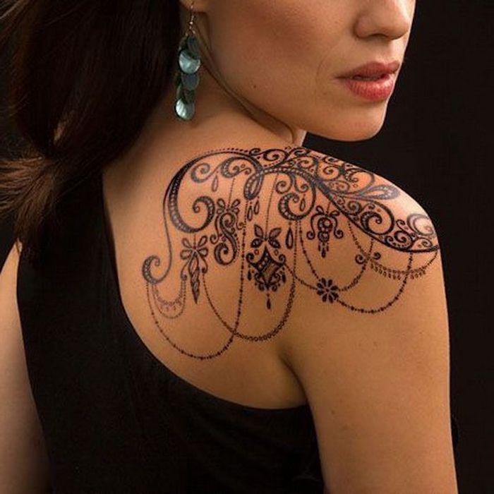 mandala tattoo, shoulder tattoo, shoulder tattoos for girls, black top, black background