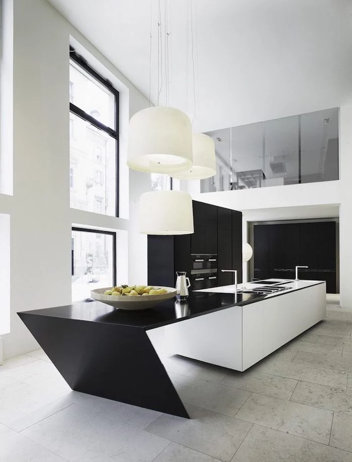 black and white kitchen island, tiled wall, black cabinets, kitchen island ideas, tall windows and ceiling