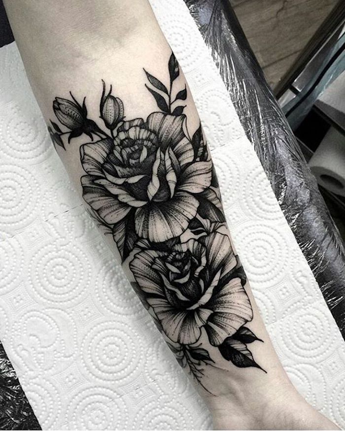 floral forearm tattoo, hand on white paper, forearm tattoos for men