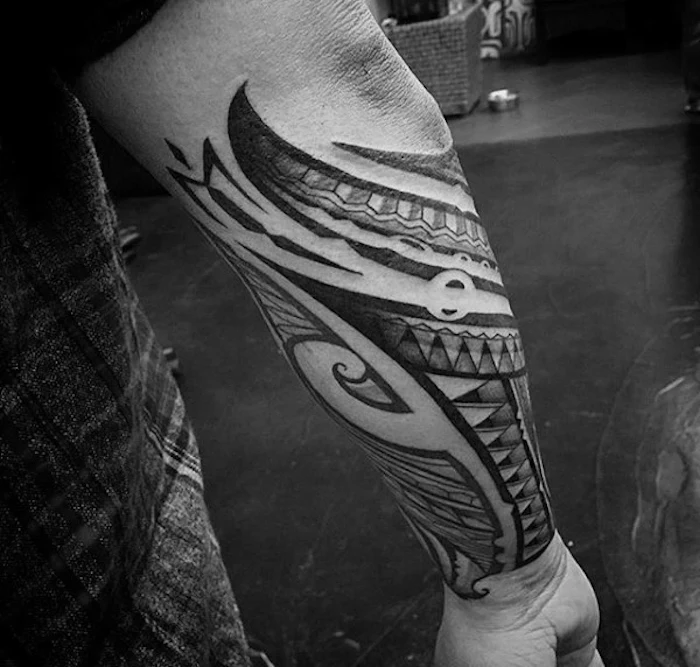 tribal tattoo, black and white photo, forearm tattoos for men