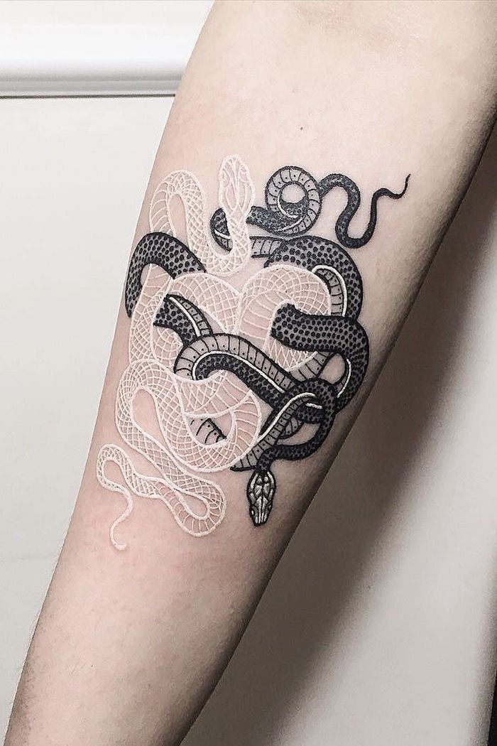 small tattoos for girls, black and white snakes intertwined, forearm tattoo, white background