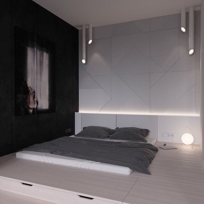 black wall, white tiled wall, wooden bed frame, abstract art, how to decorate your room