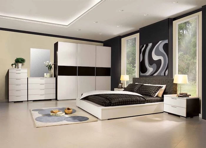 black wall, tiled floor, grey head board, white drawers and night stands, how to decorate your room