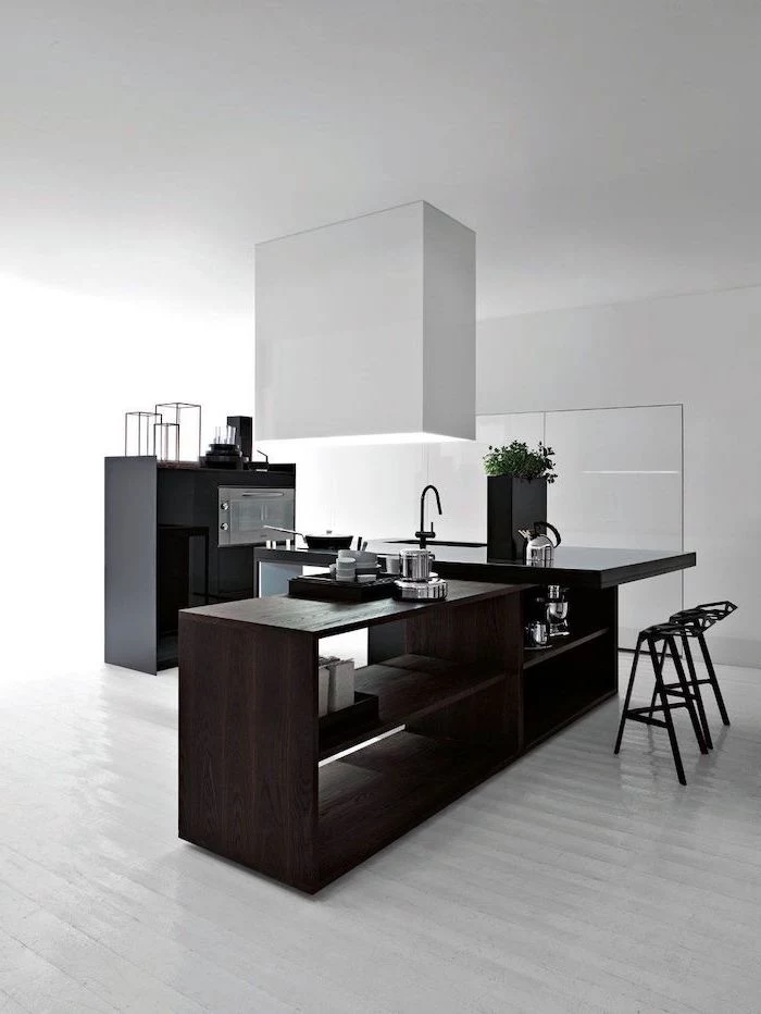 white wooden floor, wooden kitchen island, small kitchen island with seating, black metal bar stools