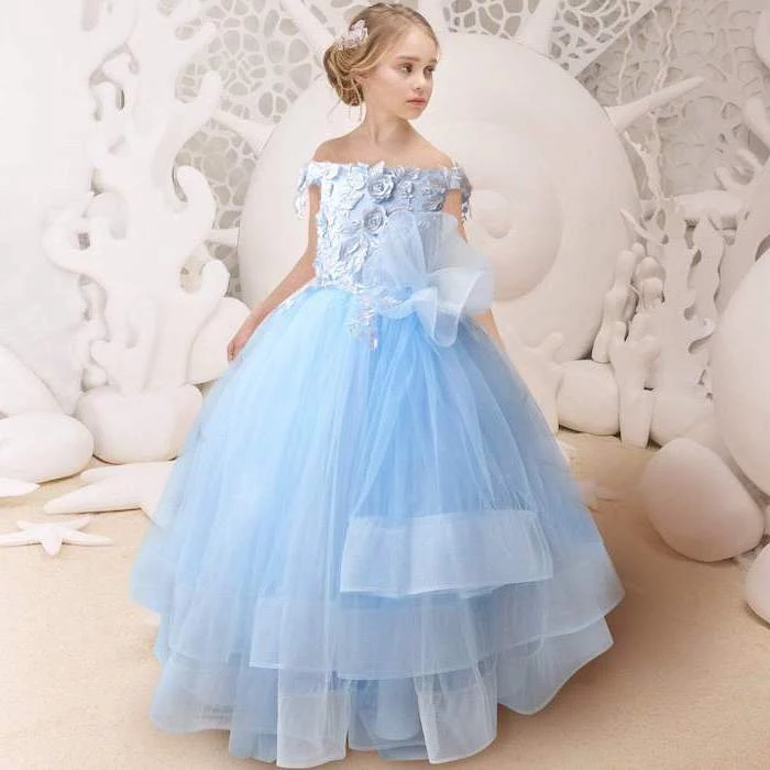 blue tulle dress, cute girls outfits, blonde hair, in a low updo, white background