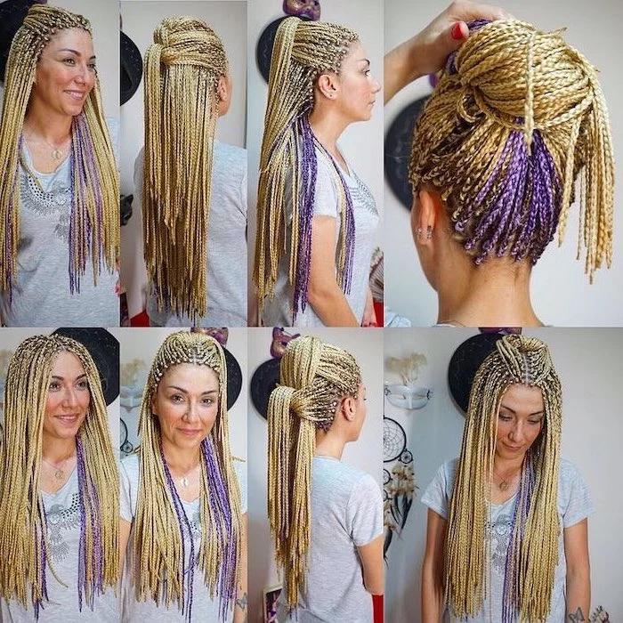 side by side photos, of different hairstyles, with blonde and purple hair, pictures of braids