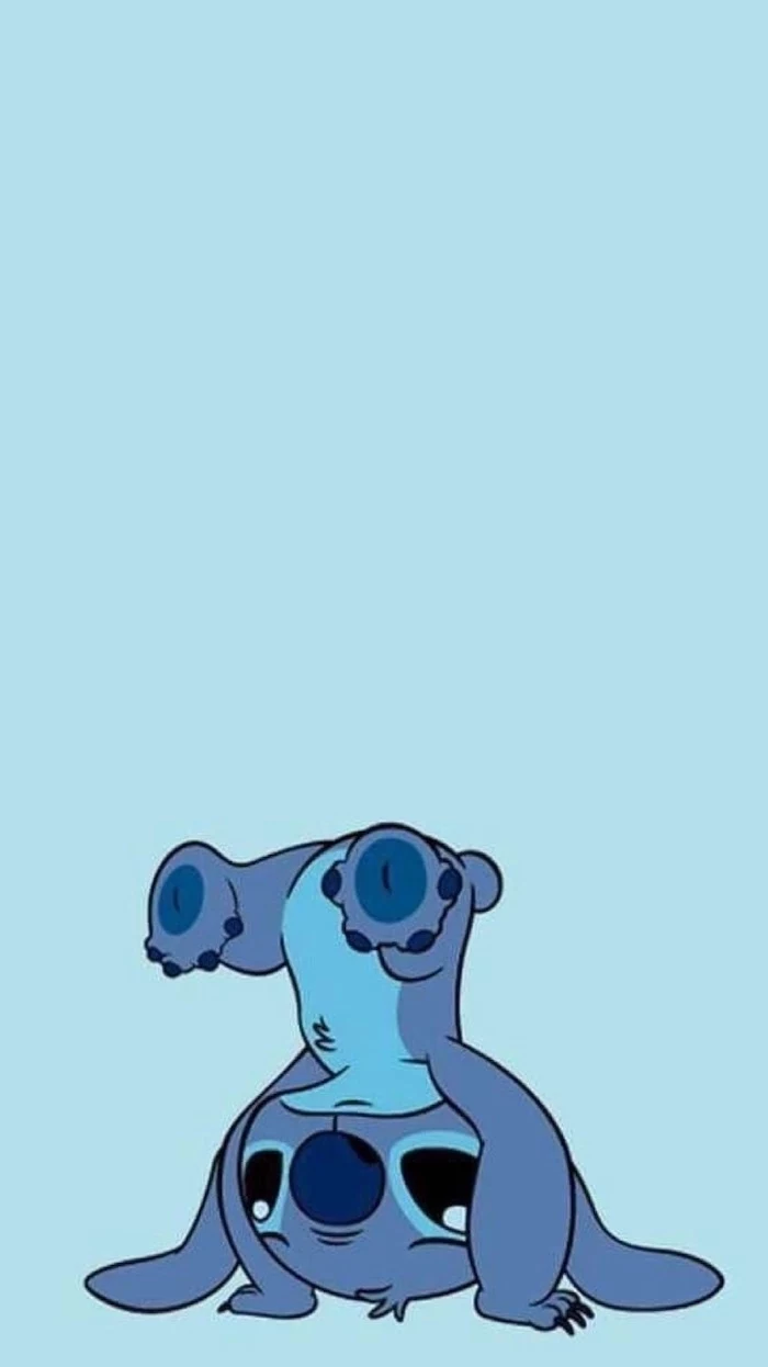 blue background, cute iphone wallpapers, stitch standing upside down