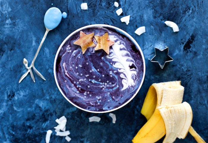 sliced banana, galaxy bowl, beach tumblr, blue background, star shaped cookies