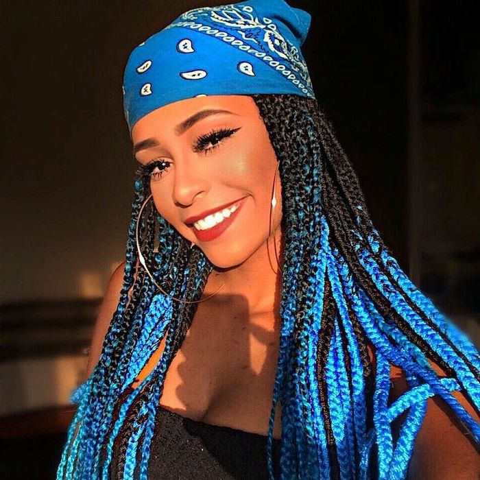 pictures of braids, woman smiling, with black and blue hair, wearing a blue bandana, large hoop earrings