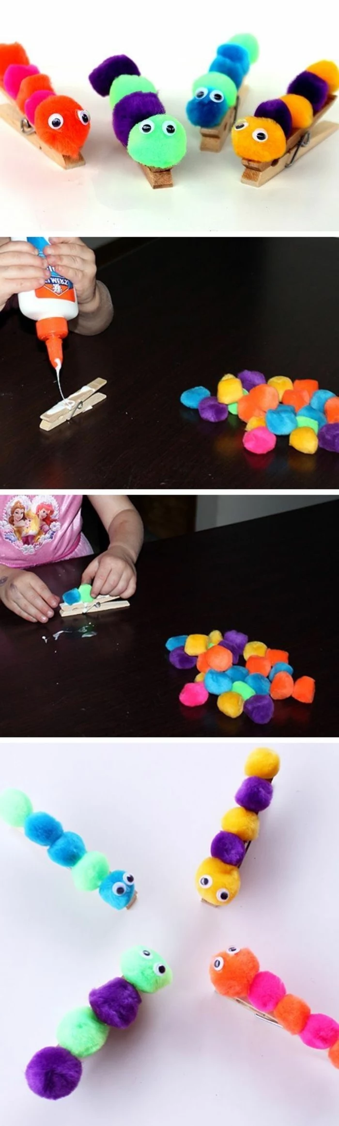 step by step, diy tutorial, school themes, clothespins with pom poms on top, blue and green, purple and pink