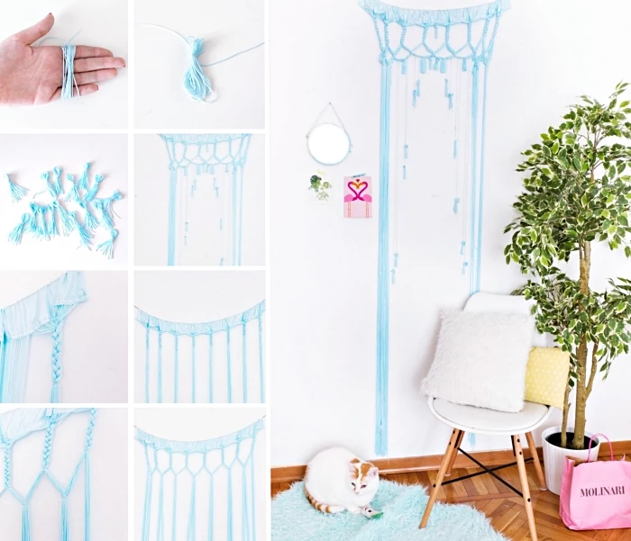 blue macrame, white wall, macrame wall hanging diy, white chair, potted plant, wooden floor