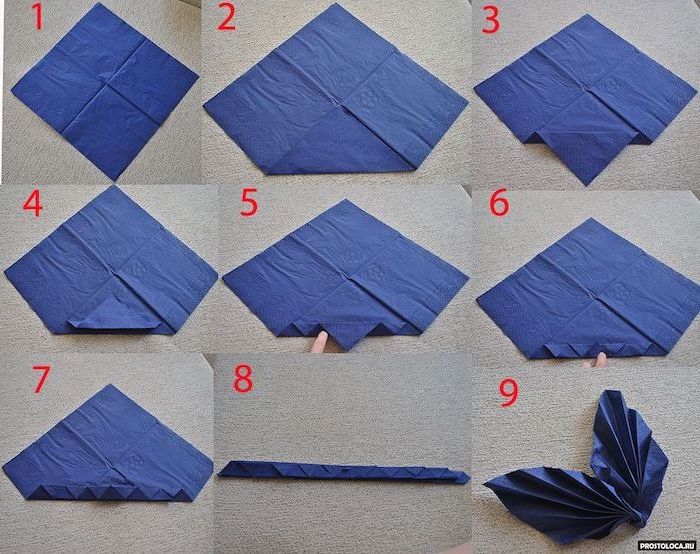 blue napkin, fan shaped, thanksgiving napkin folding, step by step, diy tutorial