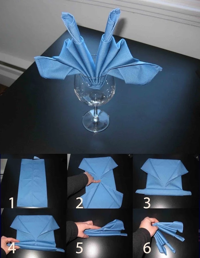 blue napkin, inside a wine glass, step by step, diy tutorial, thanksgiving napkin folding