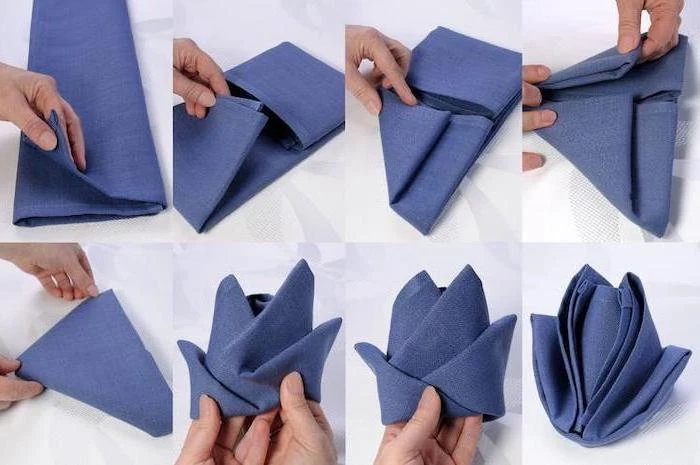flower shaped, blue napkin, thanksgiving napkin folding, diy tutorial, step by step