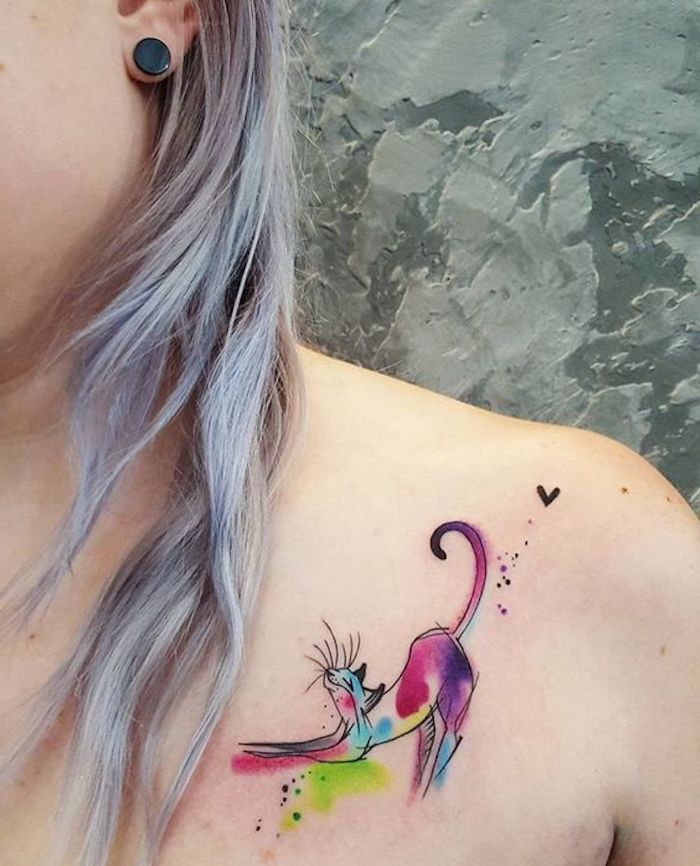 watercolour cat, shoulder tattoo, small tattoos for girls, blue and purple hair