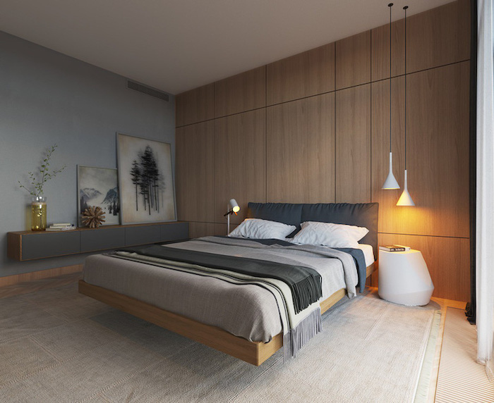 wooden accent wall, bedroom design ideas, wooden floating bed, blue wall, white carpet