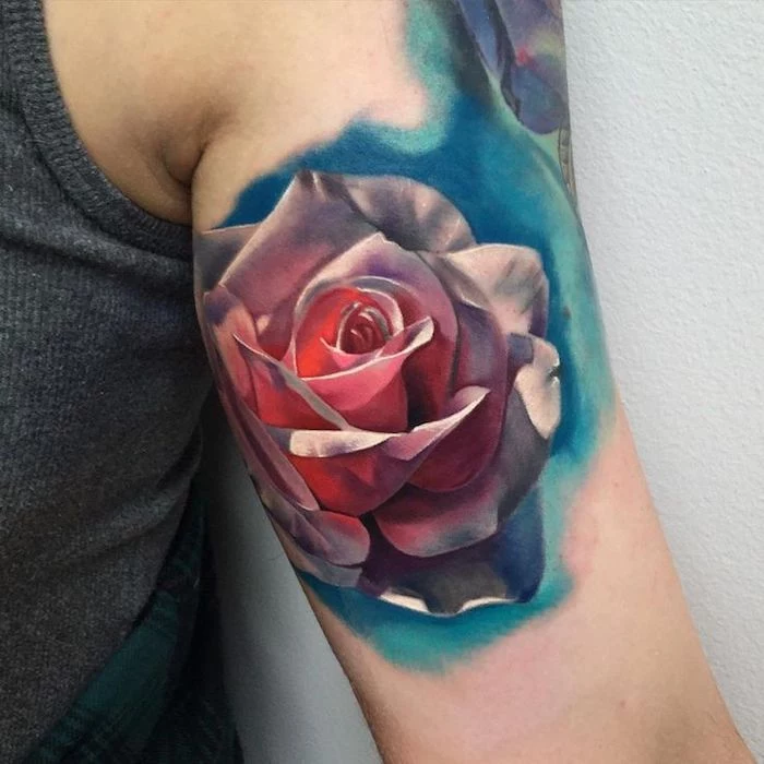 arm tattoos for girls, watercolour rose, inside arm tattoo, grey top