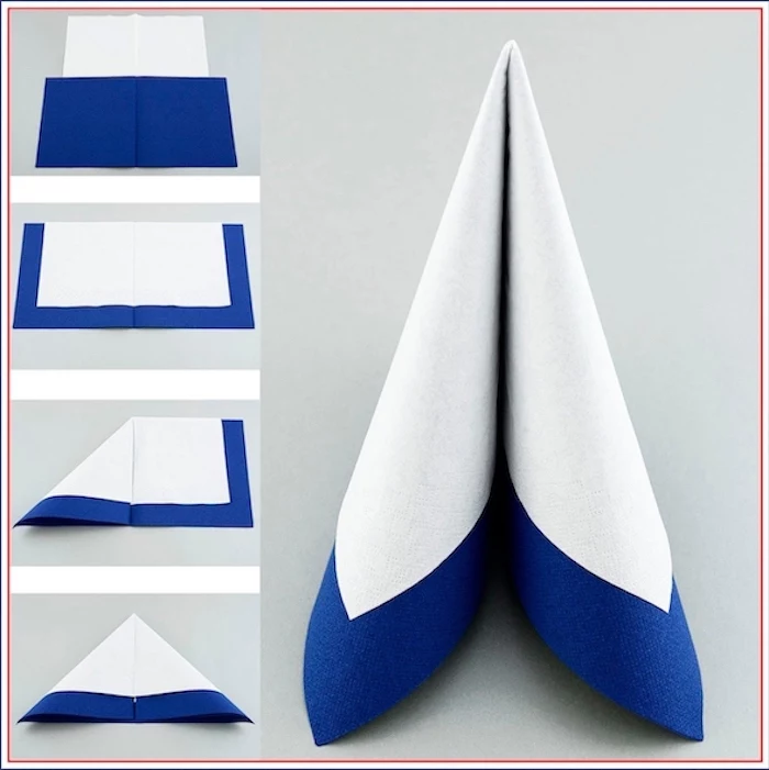easy napkin folding, diy tutorial, step by step, white and blue napkin