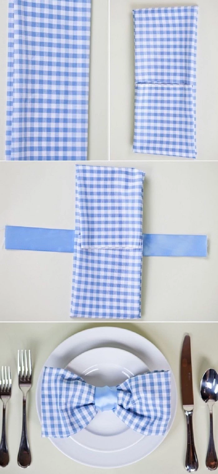 blue an white plaid napkin, bow shaped, blue ribbon, on a white plate, napkin folding, step by step, diy tutorial