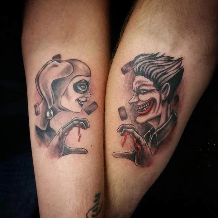 matching tattoos, harley quinn and the joker, forearm tattoos, dc inspired