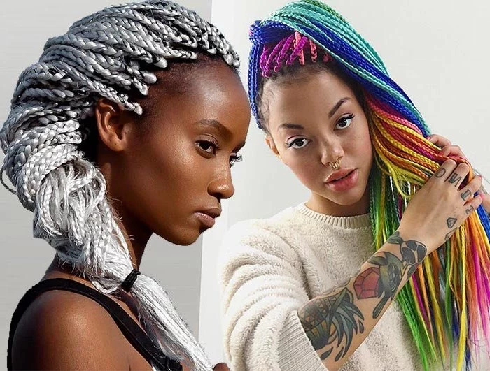 side by side photos, of two women, cornrow styles, ash grey hair, rainbow coloured hair